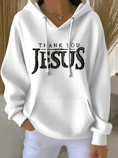 Women's Vintage Faith Thank You Jesus Printed Casual Ribbed Hoodie