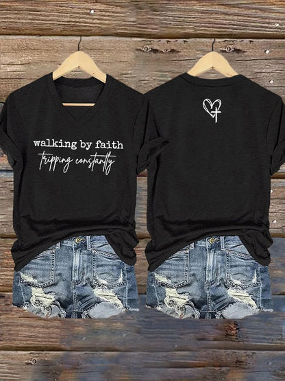 Women's Walking By Faith Tripping Constantly  Print T-Shirt