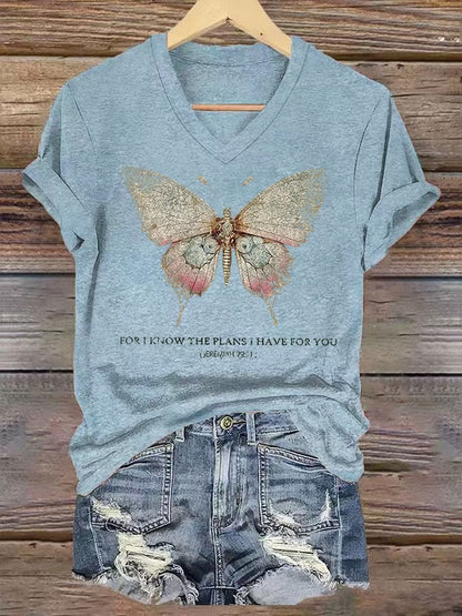 Women's Casual Faith Butterfly Letters Printed Short Sleeve T-Shirt