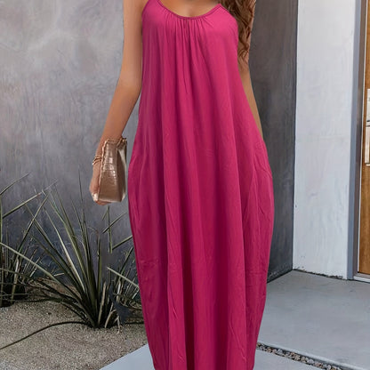 Solid Pockets Loose Spaghetti Dress