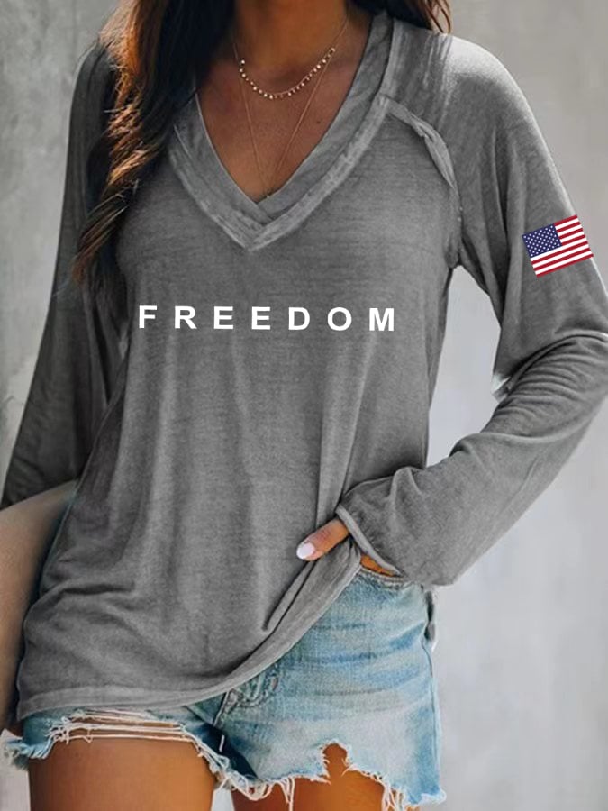 Women's Freedom American Flag Print Casual T-Shirt