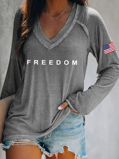 Women's Freedom American Flag Print Casual T-Shirt