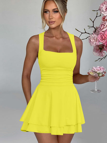 Women's Square Neck Ruffle Hem Mini Dress
