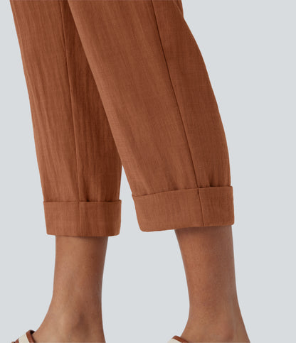 High Waisted Button Zipper Side Pocket Capri Resort Linen-Feel Pants