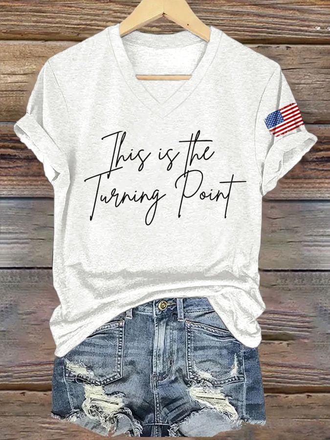 V-Neck Retro This Is The Turning Point Print T-Shirt