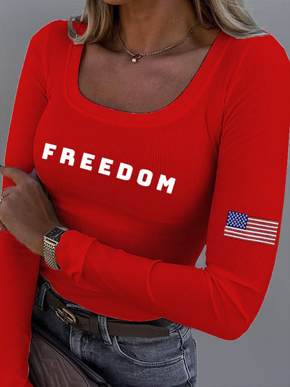 Women's Freedom American Flag Print Fabric Long Sleeve T-Shirt