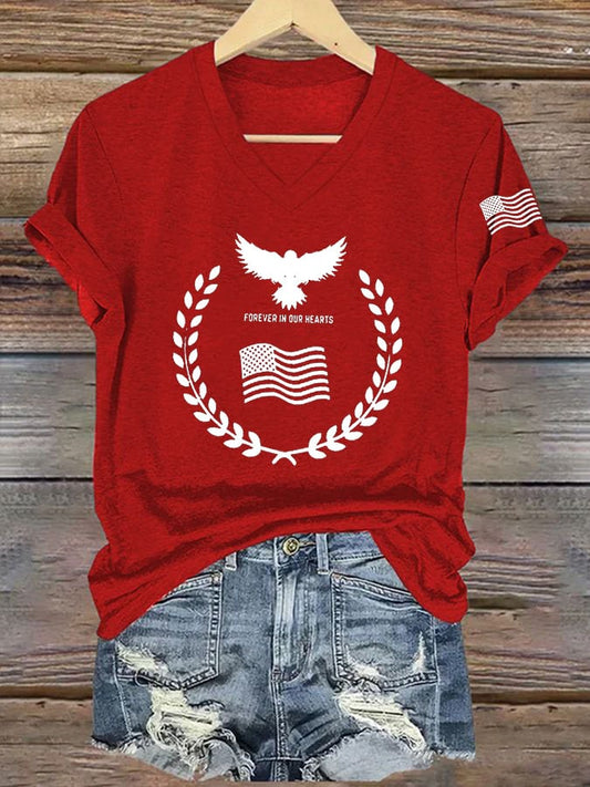 Women's Commemorative Print V Neck T-shirt
