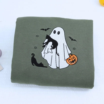 Ghost and Cat T-Shirt, Sweatshirt or Hoodie, Bats and Pumpkin, Embroidered Gift for Spooky Season