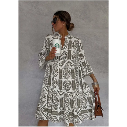 Millie - Printed V-Neck A-Line Skirt Dress