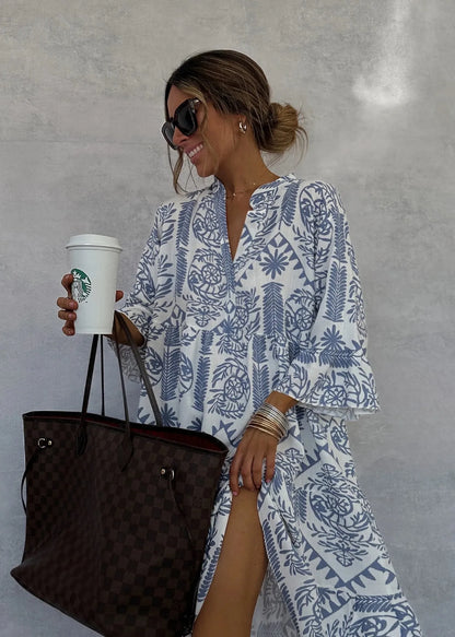 Millie - Printed V-Neck A-Line Skirt Dress
