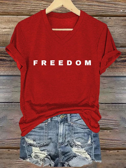Women's Freedom Print V Neck T-shirt