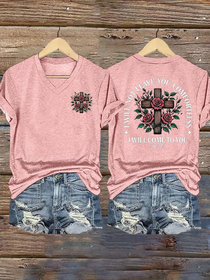 Women's faith cross printed V-neck T-shirt
