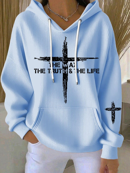 Women's Casual Retro Jesus The Way Truth Life Faith Ribbed Sweatshirt