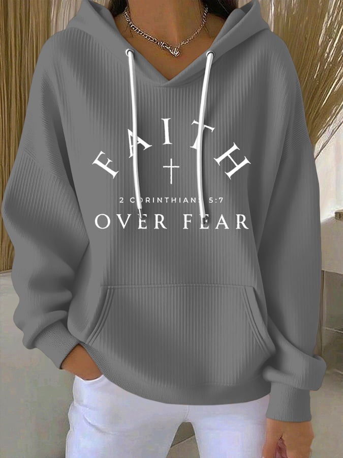 Women's Vintage Faith Faith Over Fear Printed Casual Ribbed Hoodie
