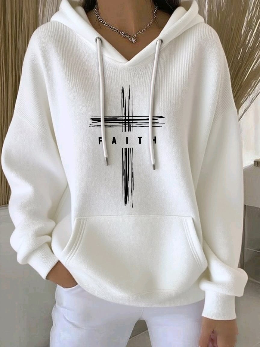 Women's Retro Faith Print Casual Hooded Sweatshirt
