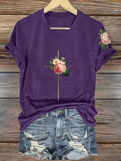 Women's Vintage Floral Metal Cross Print Short Sleeve T-Shirt