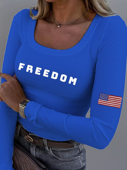Women's Freedom American Flag Print Fabric Long Sleeve T-Shirt