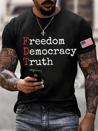 Men's Freedom Democracy Truth Print Round Neck T-Shirt