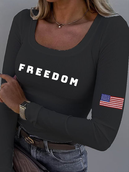 Women's Freedom American Flag Print Fabric Long Sleeve T-Shirt