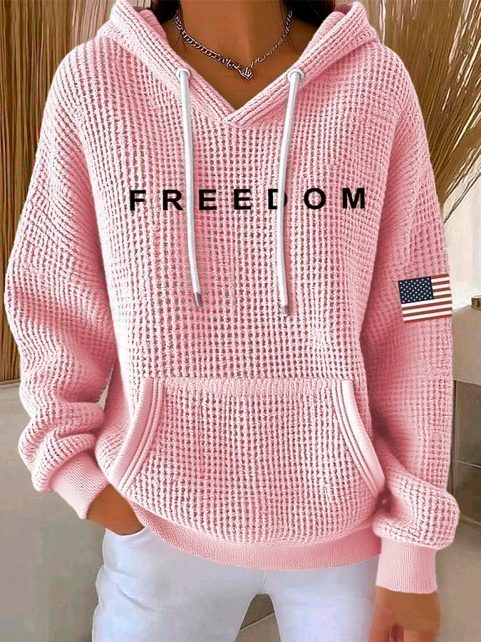Women's Freedom American Flag Print Waffle Hoodie