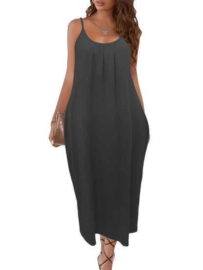 Solid Pockets Loose Spaghetti Dress