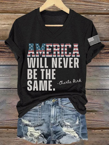 Women's America Will Never Be The Same Print V Neck T-shirt
