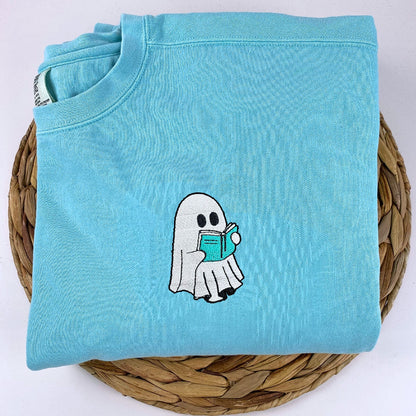 Embroidered Halloween Ghost Book Lover T-Shirt or Sweatshirt