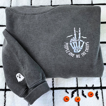 Embroidered Halloween People Give Me The Creeps Skeleton Hand T-Shirt or Sweatshirt