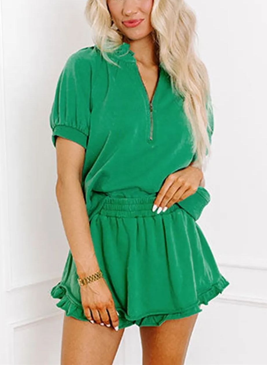 🔥Women's Casual Puff Sleeve Top and Ruffle Shorts Set（Buy 2 Free Shipping）