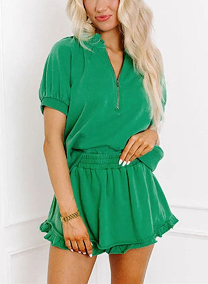 🔥Women's Casual Puff Sleeve Top and Ruffle Shorts Set（Buy 2 Free Shipping）